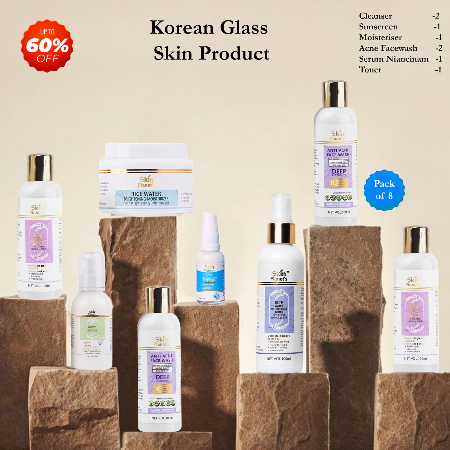 CLEANSER+SUNSCREEN+MOISTURIZER+ACNE FACEWASH+TONER+SERUM NIANCINAMIDE